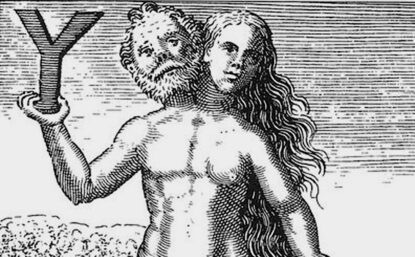 Detail of an engraving from a 17th-century text depicting a figure that is both male and female holding the letter Y.