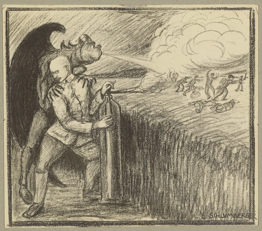 Caricature of Fritz Haber releasing gas on a WWI battlefield