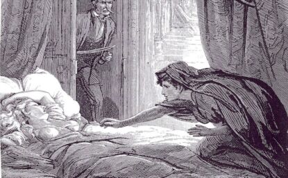 Illustration of the female vampire "Carmilla" hovering over a woman lying in bed.