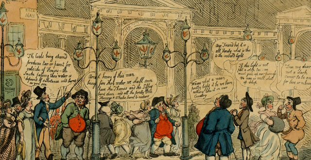 Illustration depicting an early 19th-century London street scene with citizens commenting on the recent invention of gas-lighting.