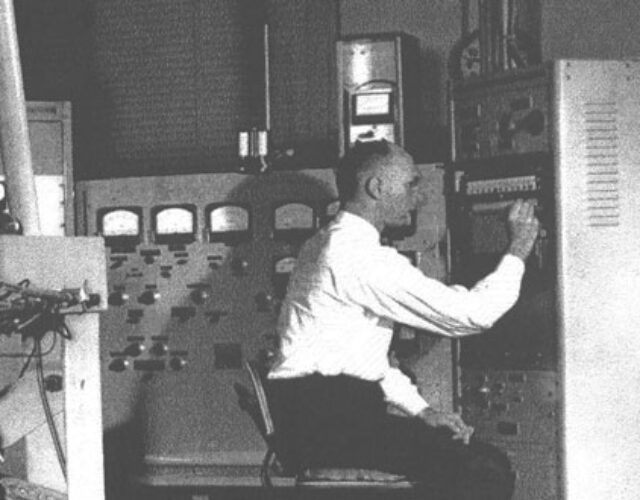 Frank Field working with an ionization instrument at Humble Oil in the 1950s