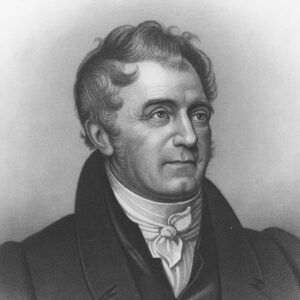Engraved portrait of du Pont wearing a dark coat and high collar shirt with white tie