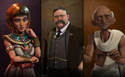 Three panels illustrating historical figures in a video game.