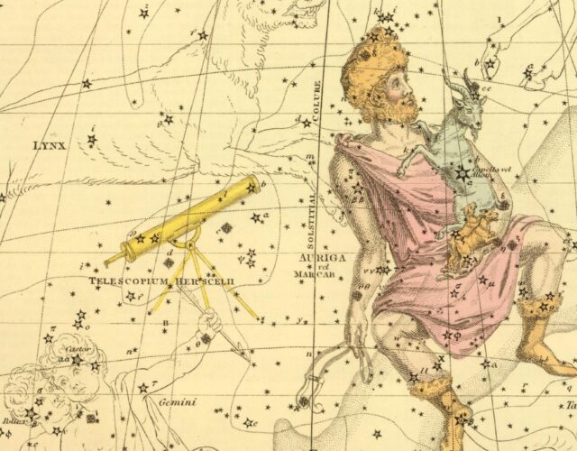 An 1822 star map by Alexander Jamieson shows the constellation Telescopium Herschelii, depicted here, ironically, as a refracting telescope.