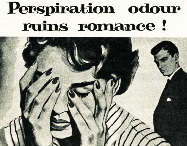 A vintage ad for deodorant called Mum Cream. It features a woman crying and hiding her face while a man looks over at her, frowning. The ad copy focuses on how the deodorant stops perspiration.