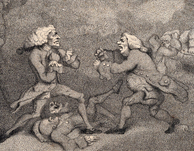 Cartoon of men in powdered wigs fighting