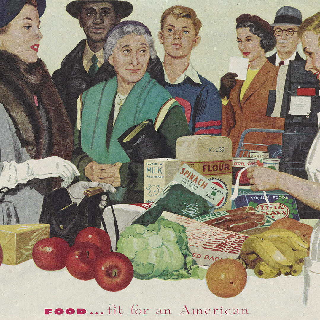 Color print advertisement for the Dow Chemical Company depicting a woman buying groceries at a checkout counter with a line of people behind her.