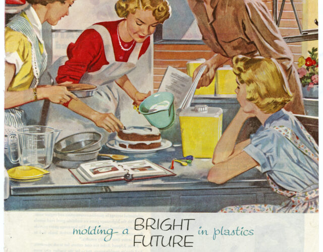 magazine ad showing a family in a kitchen