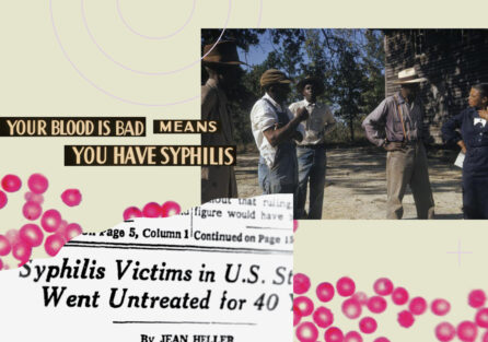Collage showing news clips about Tuskegee syphilis experiment, and photograph of patients.