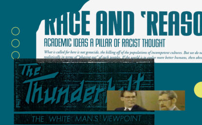 Collage illustration showing news clipping from Neo-Nazi publication, academic article about race science, and image of Barry Mehler and Philipe Rushton.
