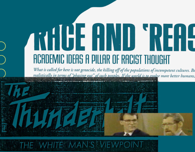 Collage illustration showing news clipping from Neo-Nazi publication, academic article about race science, and image of Barry Mehler and Philipe Rushton.