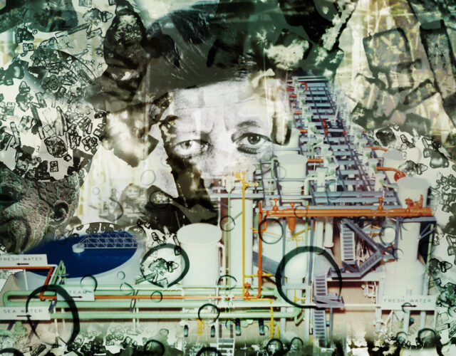 Collage illustration showing desalination technology and face of John F. Kennedy Jr.