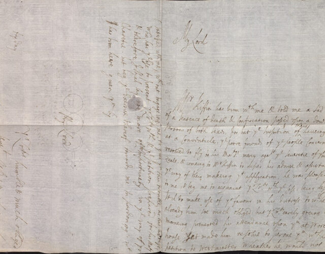 Cropped image of a letter in Lady Ranelagh's handwriting. There is slight discoloration and yellowing around where the paper was folded.