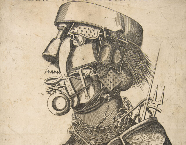 Engraving of a robot in side profile with mouth slightly ajar. The robot's body is made up of cogs, pieces of wood, bits of chain and other tools.
