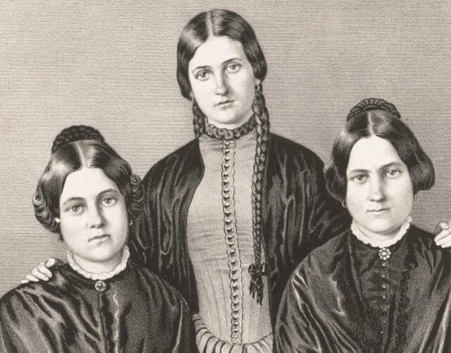 Lithograph after a daguerreotype of Margaret, Catherine, and Leah Fox, three spiritualists in the mid 19th-century.