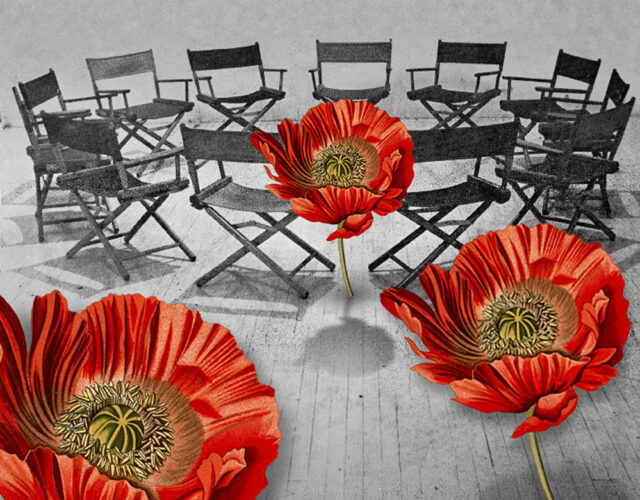 Photo illustration of poppy flowers and meeting chairs