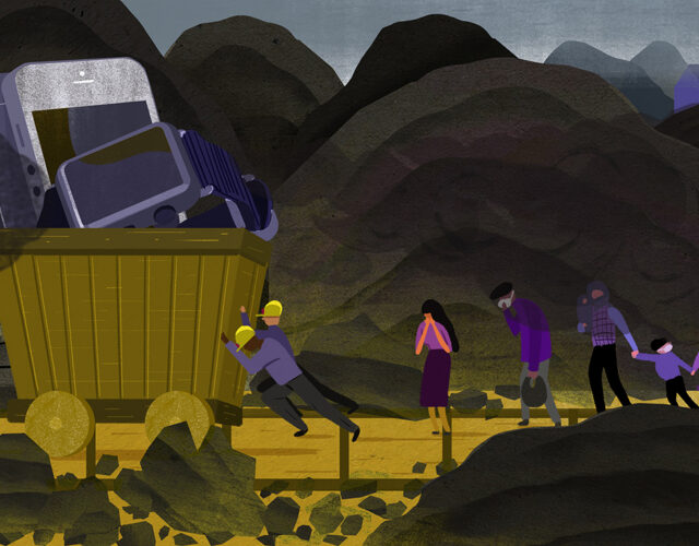 Color illustration of a rare earths mine, with people looking distressed.