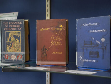 Colorful books with illustrative covers on display in the library