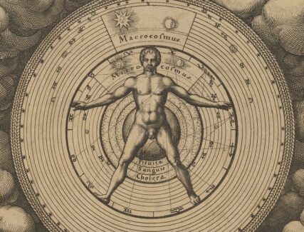 Illustration of a nude male figure standing within a disc. There are illustrated clouds in the background.