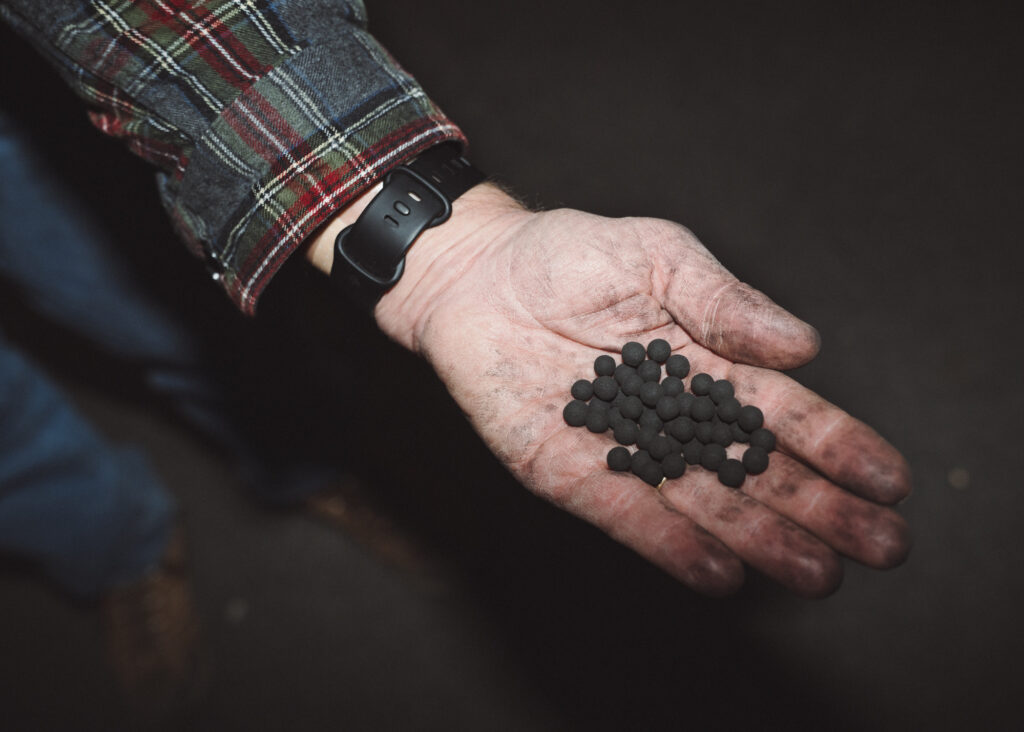 Photo of a stained hand holding a pile of small black round pellets