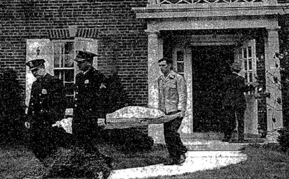 Newspaper clipping of Paul Stoutenburgh being carried out by a medical examiner.