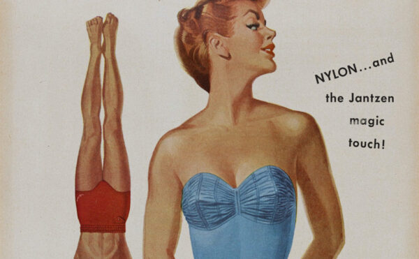 1950s magazine ad with woman in blue swimsuit and man doing handstand in red trunks