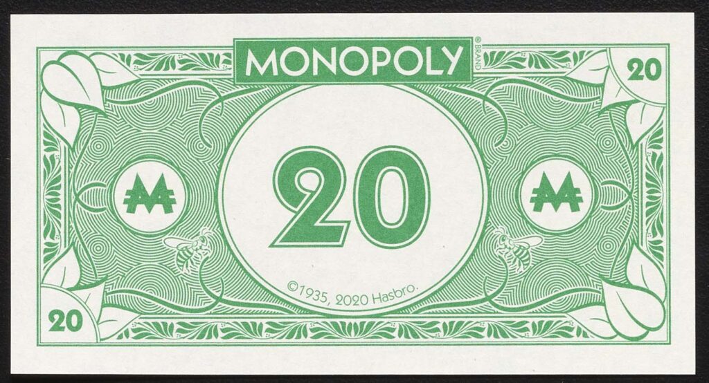 $20 bill from Monopoly: Go Green Edition board game.