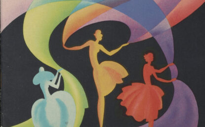 illustration of dancers and streams of color over a black background