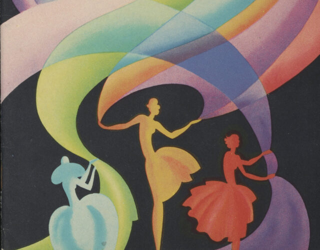illustration of dancers and streams of color over a black background