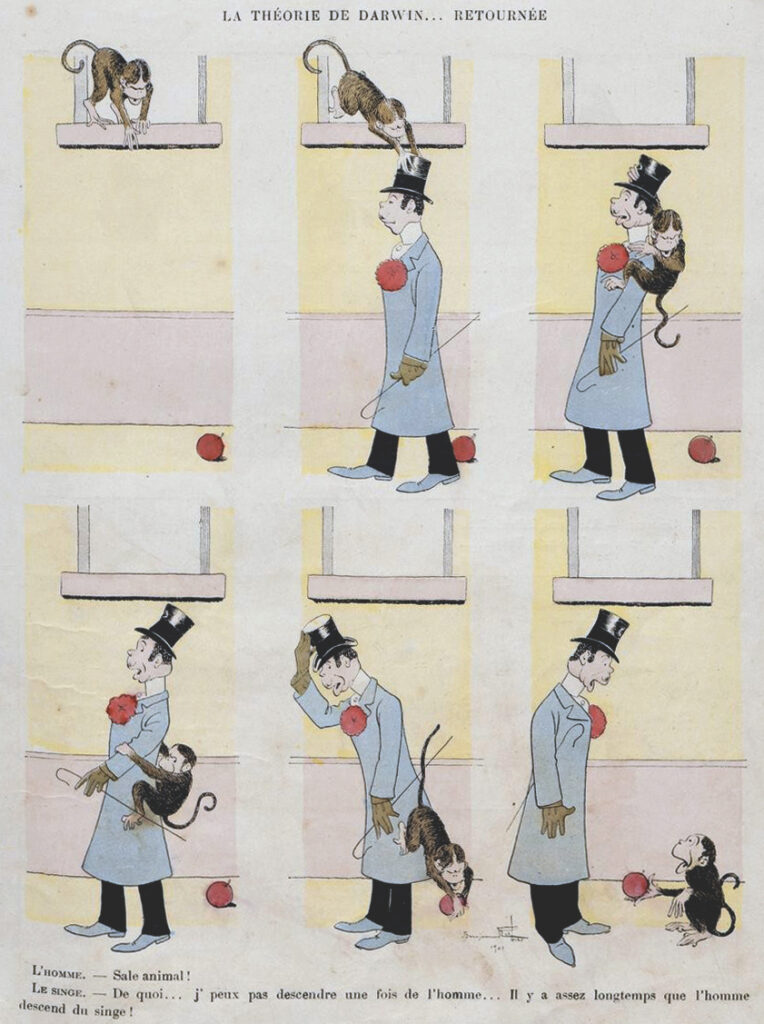 Six-panel cartoon of monkey and man in top hat
