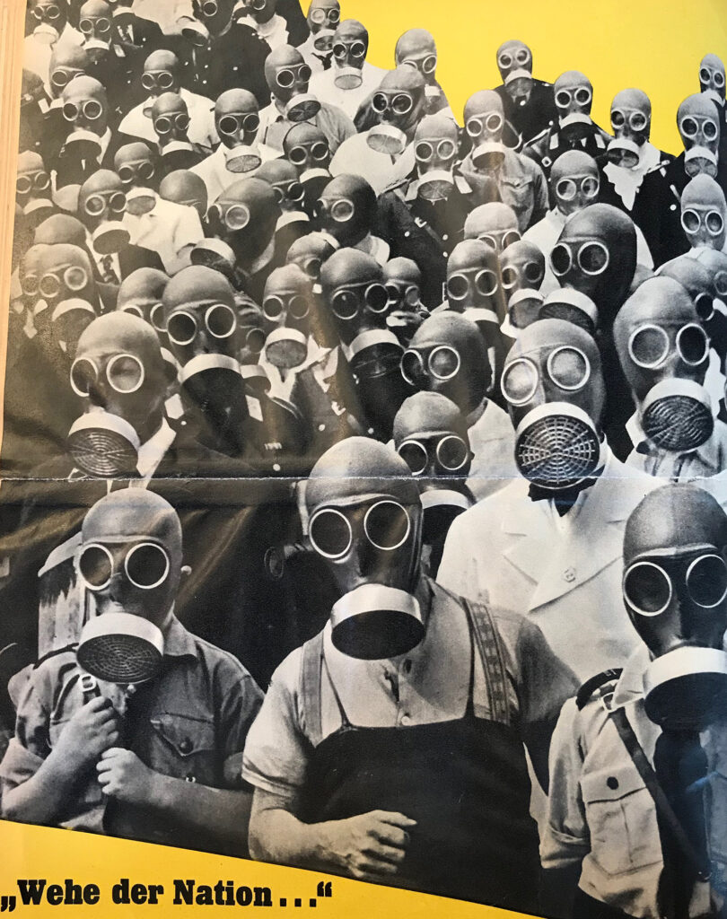 Composite photograph showing various laborers wearing gas masks