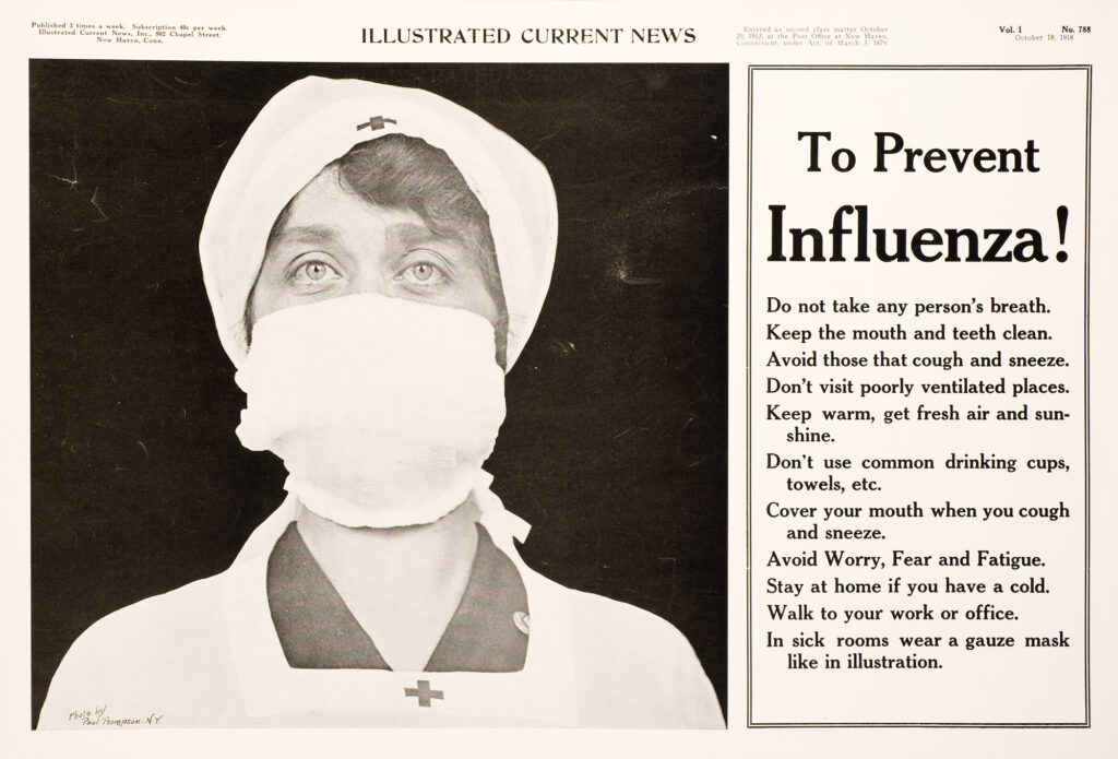 Newspaper clipping with photo of nurse in surgical mask