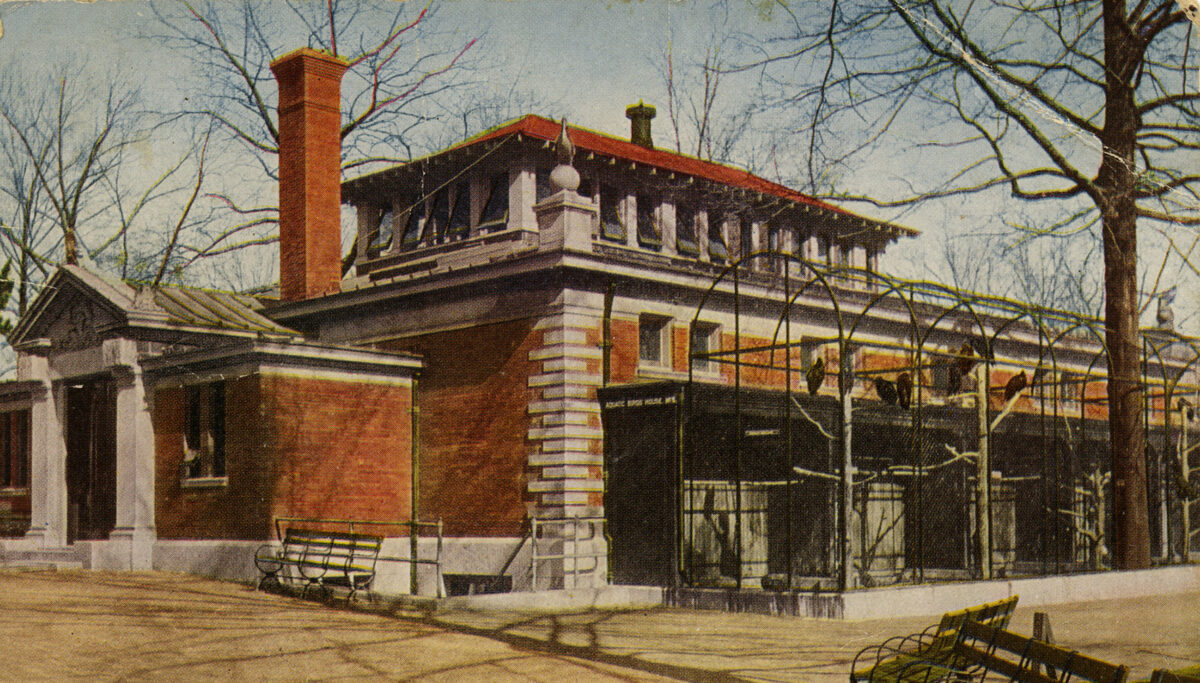 Colorized photograph of a brick Victorian building
