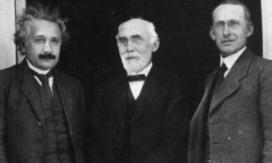 Albert Einstein, Hendrik Lorentz and Arthur Eddington standing outdoors