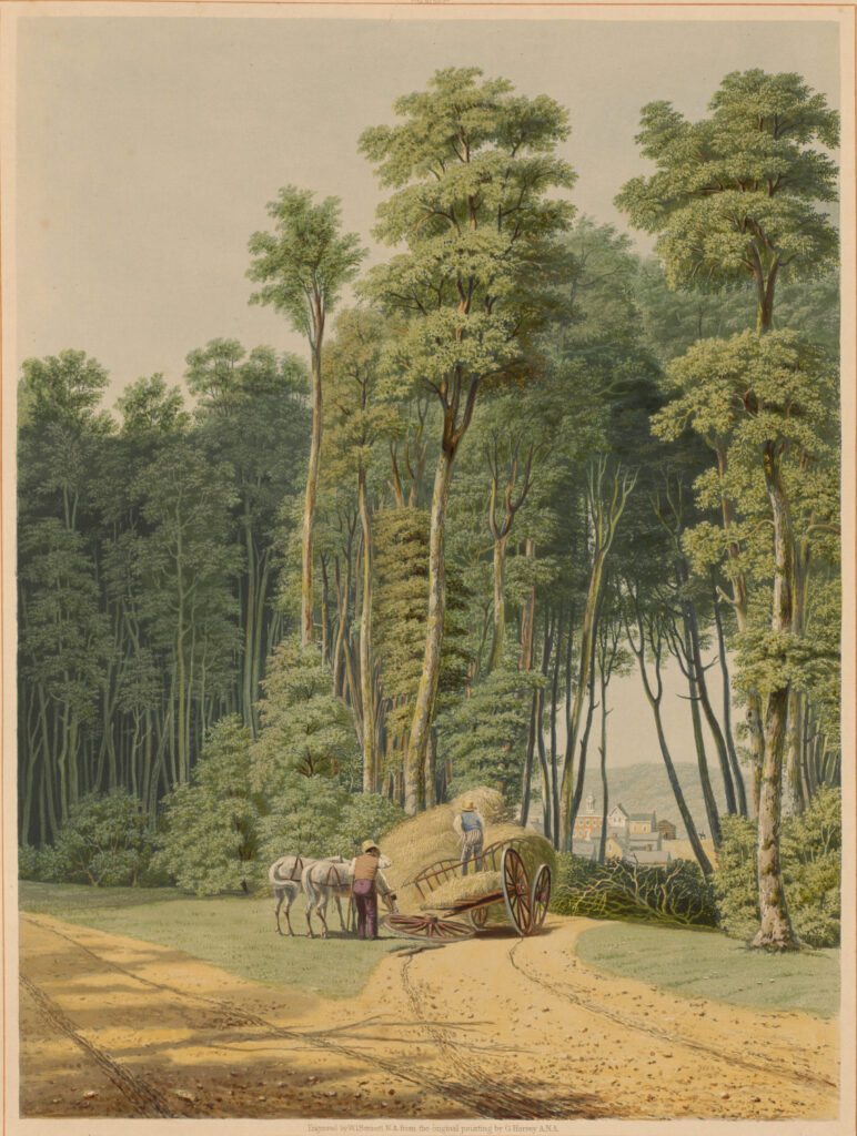 Painting of a wagon with one broken wheel about to pass through a grove of trees