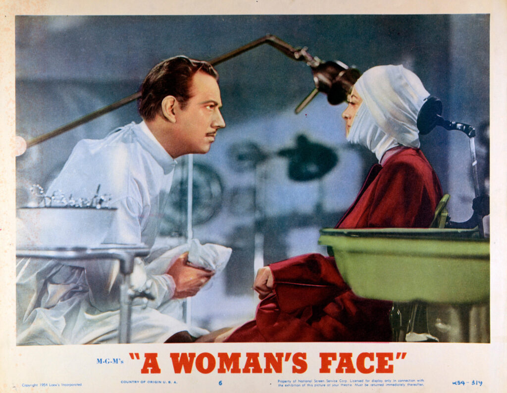 Movie poster with a colorized still of a doctor and woman with bandages around her head and face
