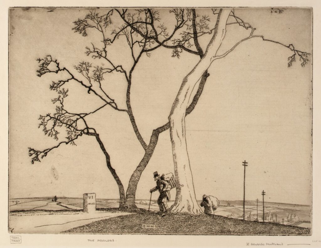 Black and white illustration of men walking a desolate road