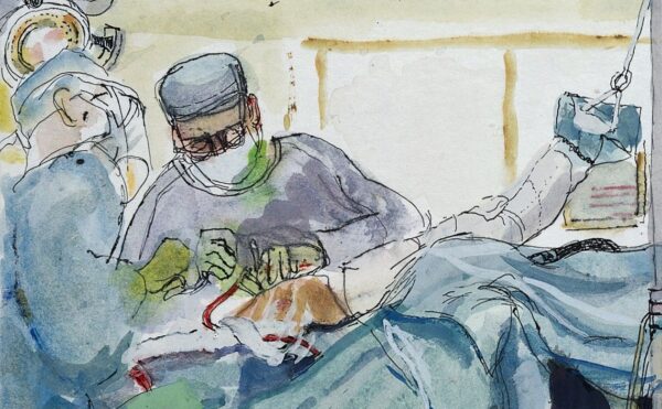 Ink and watercolor illustration of a modern surgical procedure