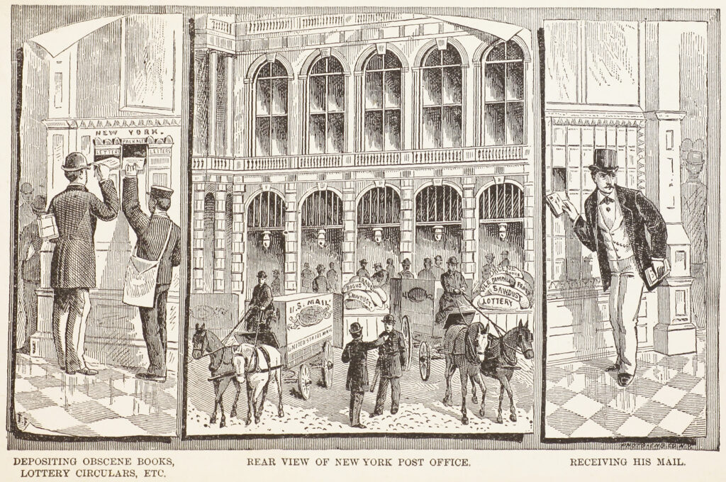 Three-panel engraved illustration showing vice in action