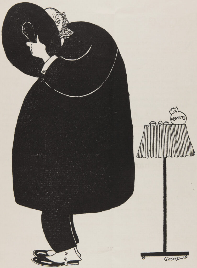 Cartoon of a large man hiding him face with a hat while standing next to peanuts on a lamp