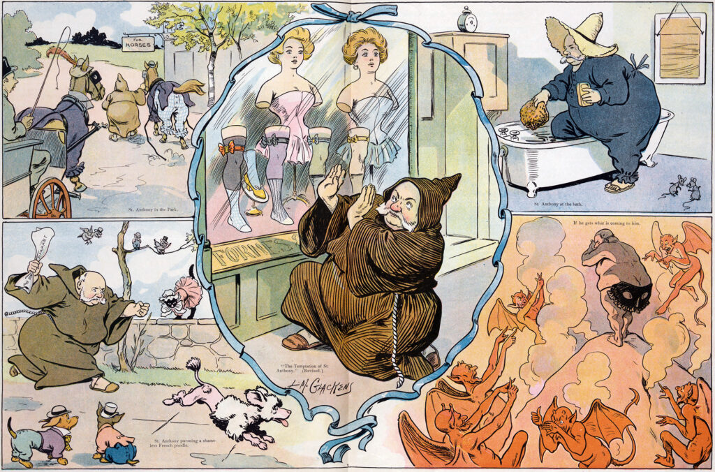 Multi-panel color satirical cartoon