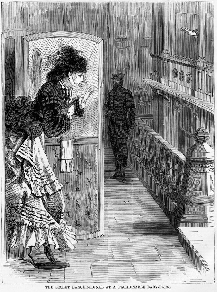 Engraving of a Victorian woman stepping cautiously out of a carriage