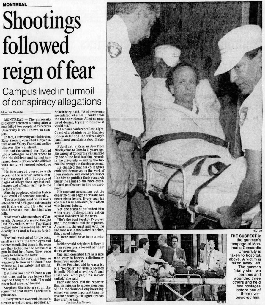 Newspaper clipping with photos and headline reading “Shootings followed reign of fear”