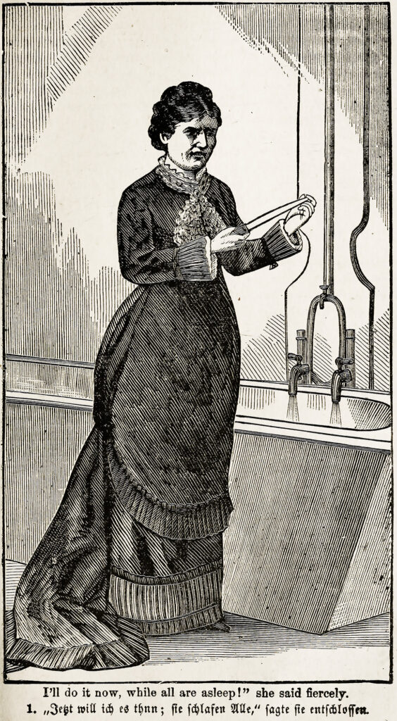Engraving of a deranged-looking woman with a knife standing by a bathtub