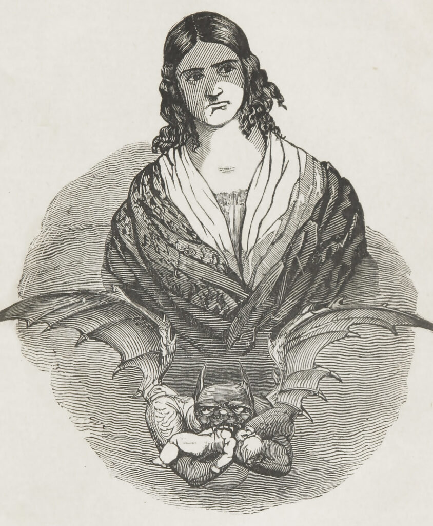 Engraving of a sullen women above a demon with an infant in its mouth
