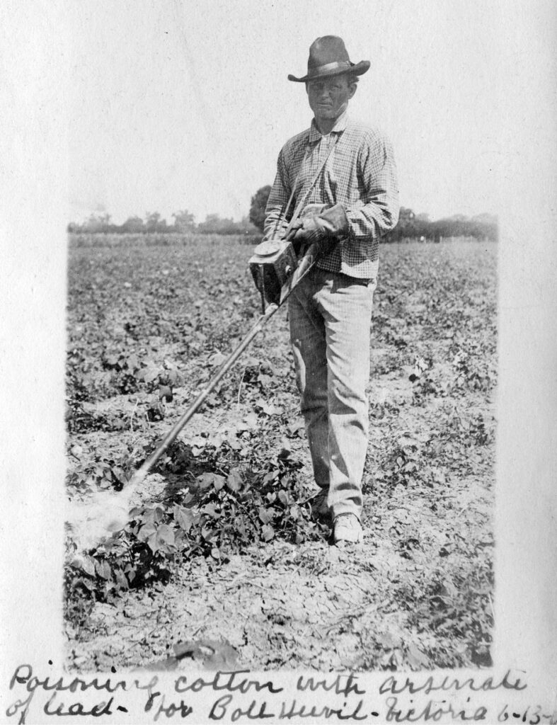Black and white photo of a man standing in a field