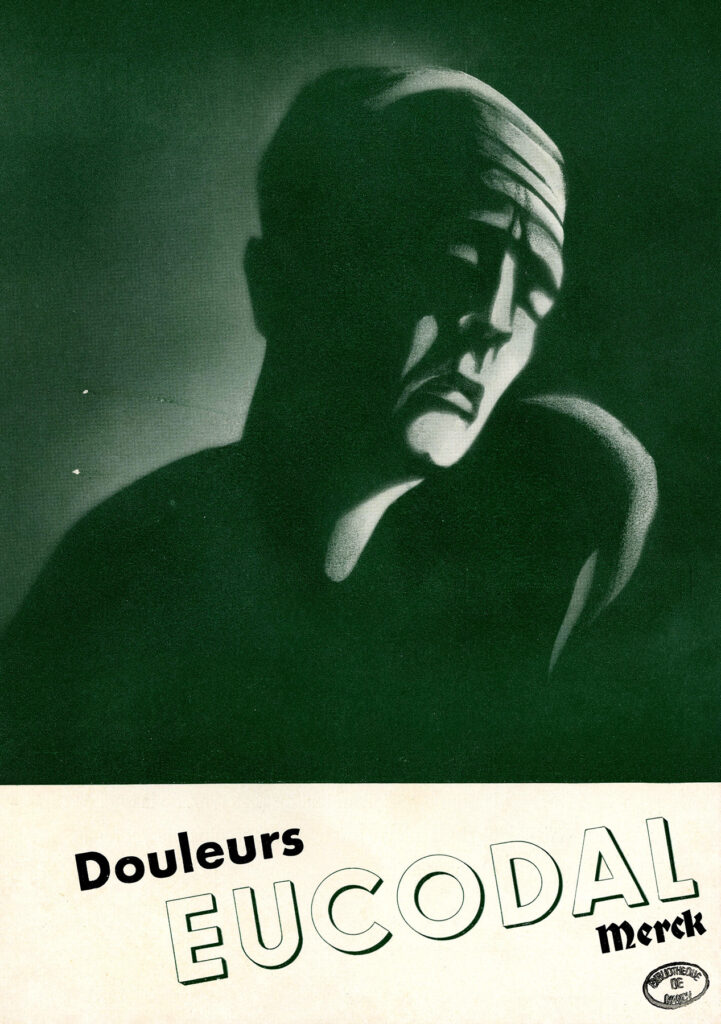 Magazine ad with an expressionist illustration of an old man in pain