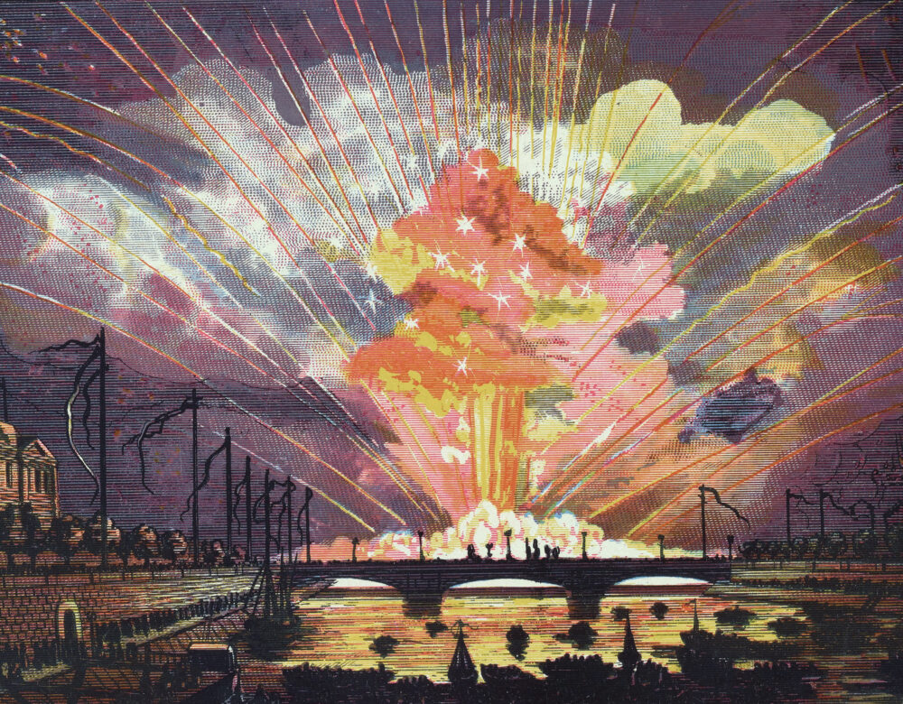 Color illustration of fireworks on the Seine, Paris