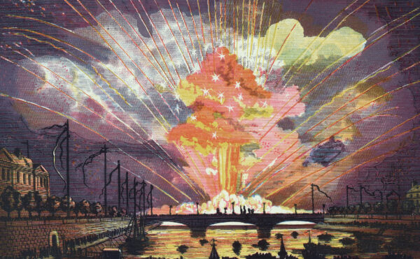 Color illustration of fireworks on the Seine, Paris