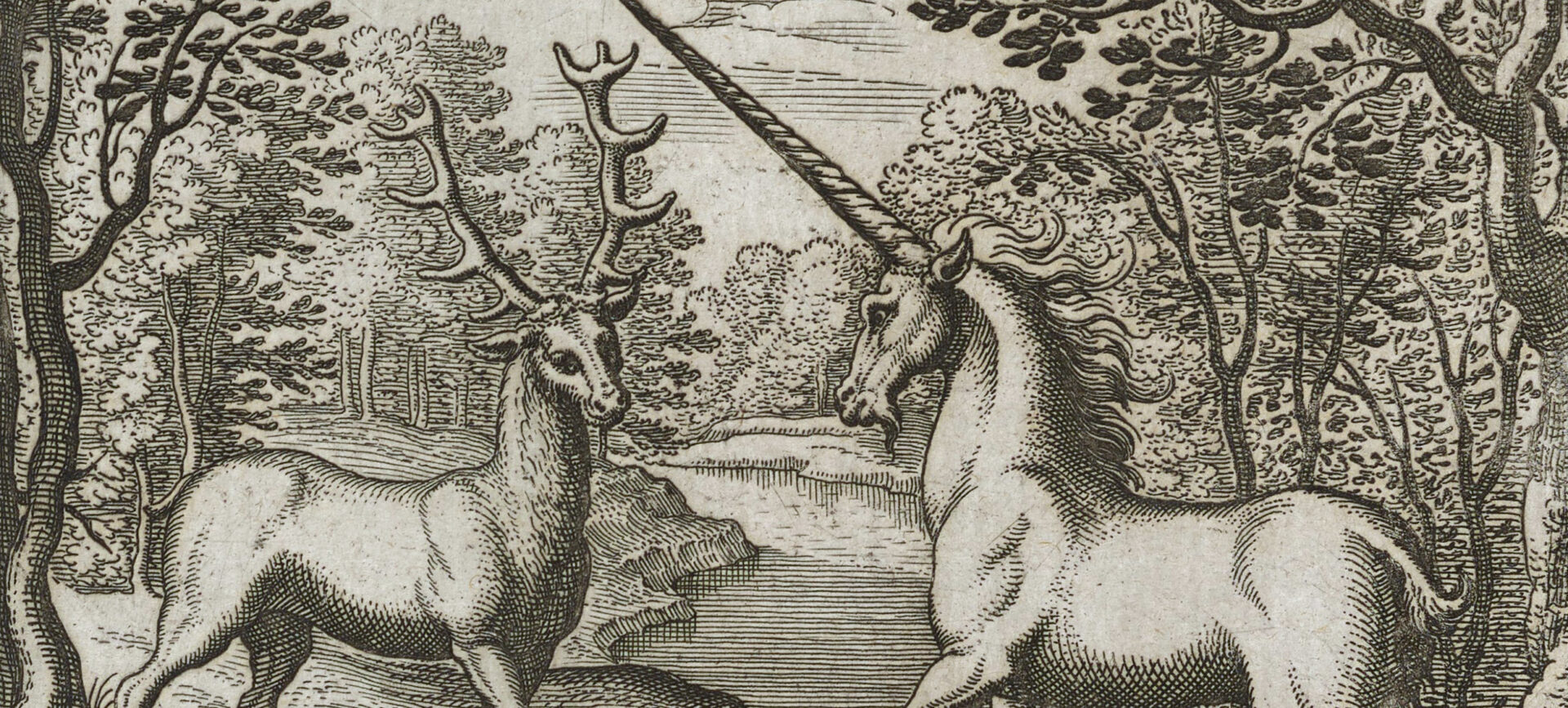 engraved illustration of a deer and unicorn in a forest